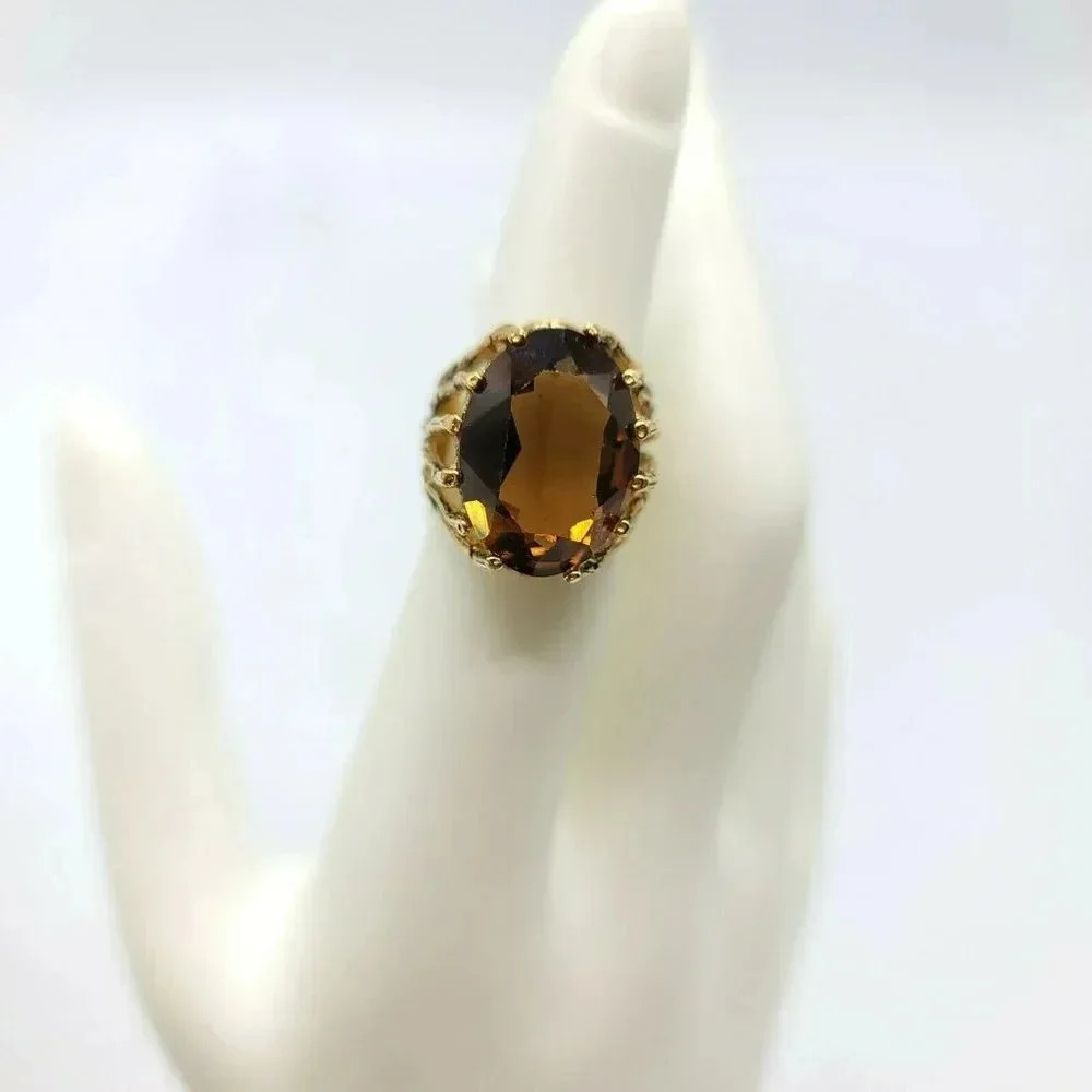 Topaz Glass Rhinestone 14KT HGE Gold Electroplate NOS Vintage Ring Size 5